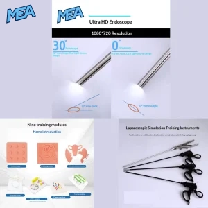 Laparoscopic Trainer Box with HD endoscopy simulator, 0° and 30° endoscope options, surgical suturing practice modules and laparoscopic training instruments.