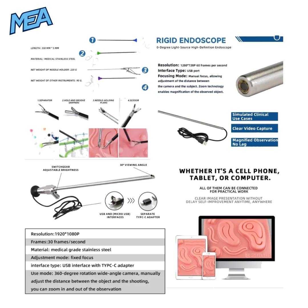 Laparoscopic surgery training instrument set with rigid HD endoscope, needle holder, scissors, and graspers for medical simulation practice