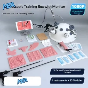 laparoscopic trainer box simulator with HD monitor, 15 training modules, laparoscopic instruments and endoscopy camera for surgical skills practice.