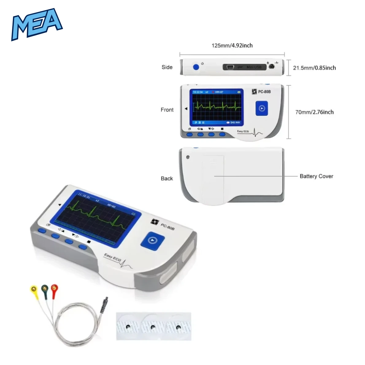 LEPU PC-80B Portable Bluetooth ECG Monitor 1 Lepu PC-80B Easy ECG Monitor showing device dimensions, front/side/back views, 3-lead ECG cable, and disposable electrode pads