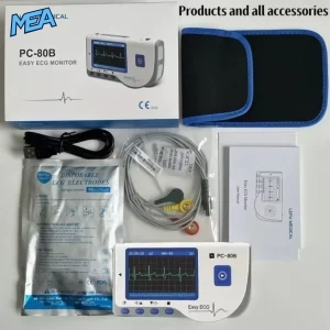 Lepu Medical PC-80B Easy ECG Monitor complete kit with retail box, carrying case, USB cable, ECG electrodes, lead wires, and user manual