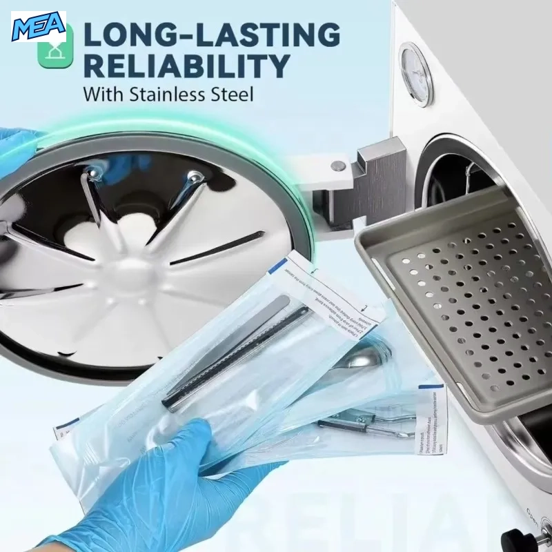 18L Class N Autoclave Steam Steriliser 121/134°C Benchtop With Pressure Gauge & Digital Display (220V, New) 8 Gloved hands loading instruments into an 18L steam autoclave chamber
