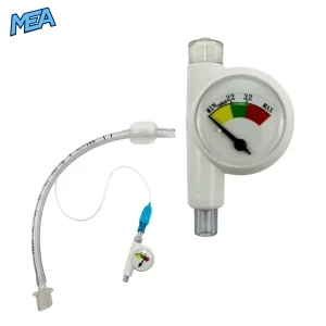 cuff pressure manometer connected to endotracheal tube with color-coded pressure gauge