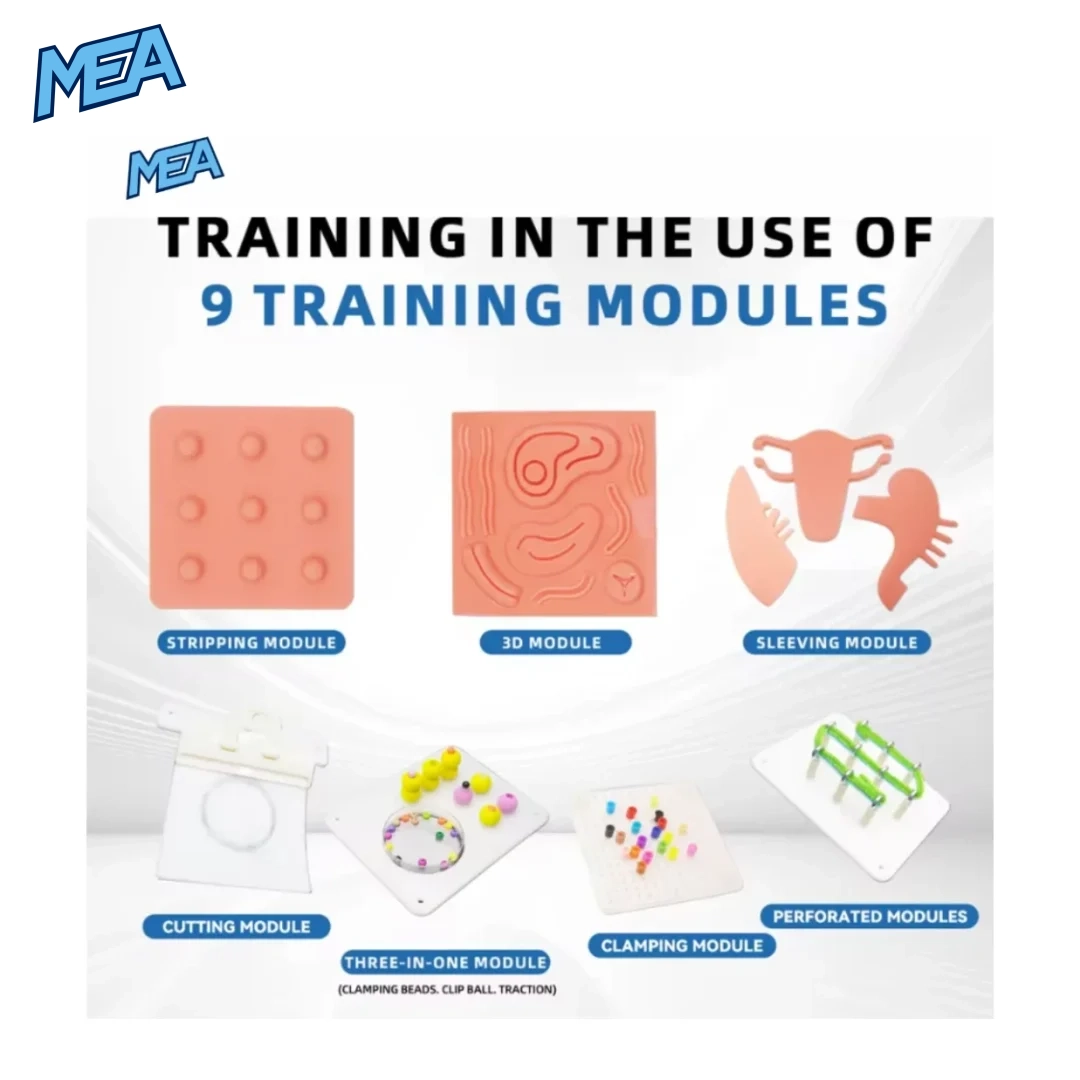MEA brand 9-piece laparoscopic training module set including stripping pad, 3D suturing pad, sleeving organ model, and clamping boards