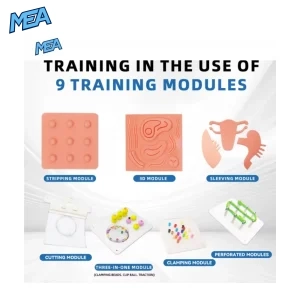 MEA brand 9-piece laparoscopic training module set including stripping pad, 3D suturing pad, sleeving organ model, and clamping boards