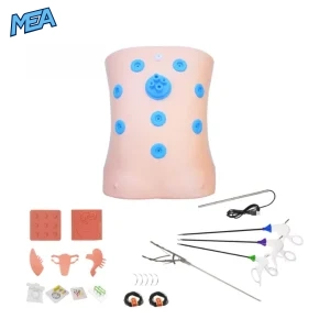 MEA Laparoscopic Simulator Training Box with silicone abdomen model, instrument ports, endoscope camera, and full surgical tool accessories