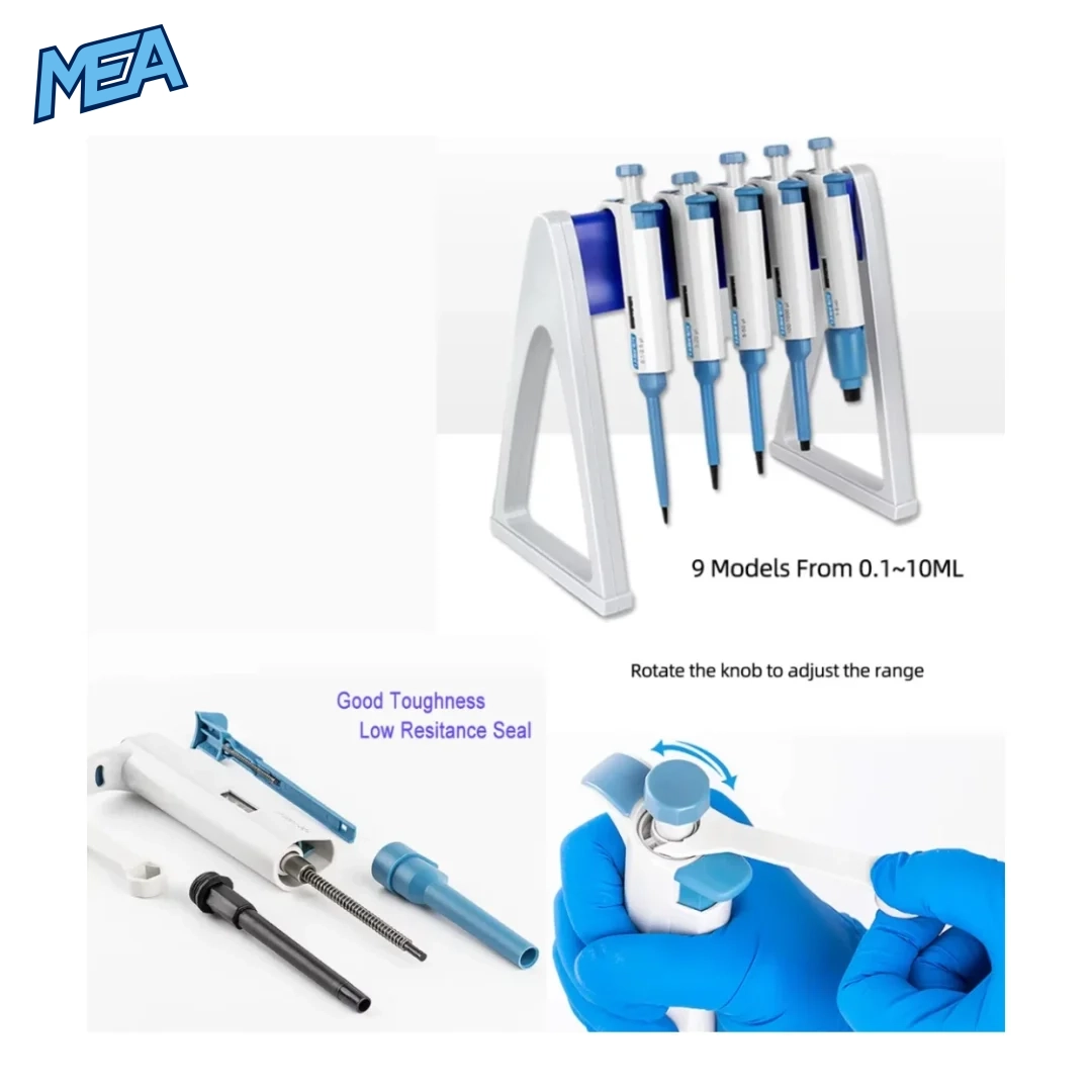 Single Channel Adjustable Micropipette for Pipettor Tips L Series Mechanical Pipette (0.1μL to 10mL) 4 MEA pipette stand with 9 models 0.1-10ML, internal parts, and range adjustment knob