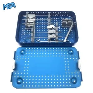 stainless steel meniscus suture instrument kit with 6 hooked suture passers in perforated arthroscopy sterilization tray
