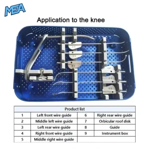 Meniscus suture instrument set with 6 wire guides, orbicular roof disk, and guide arranged in sterilization tray for arthroscopic knee surgery