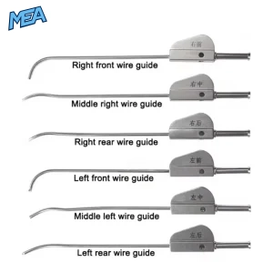 Six stainless steel meniscus wire guides labeled right front, middle right, right rear, left front, middle left, and left rear for arthroscopic knee suturing