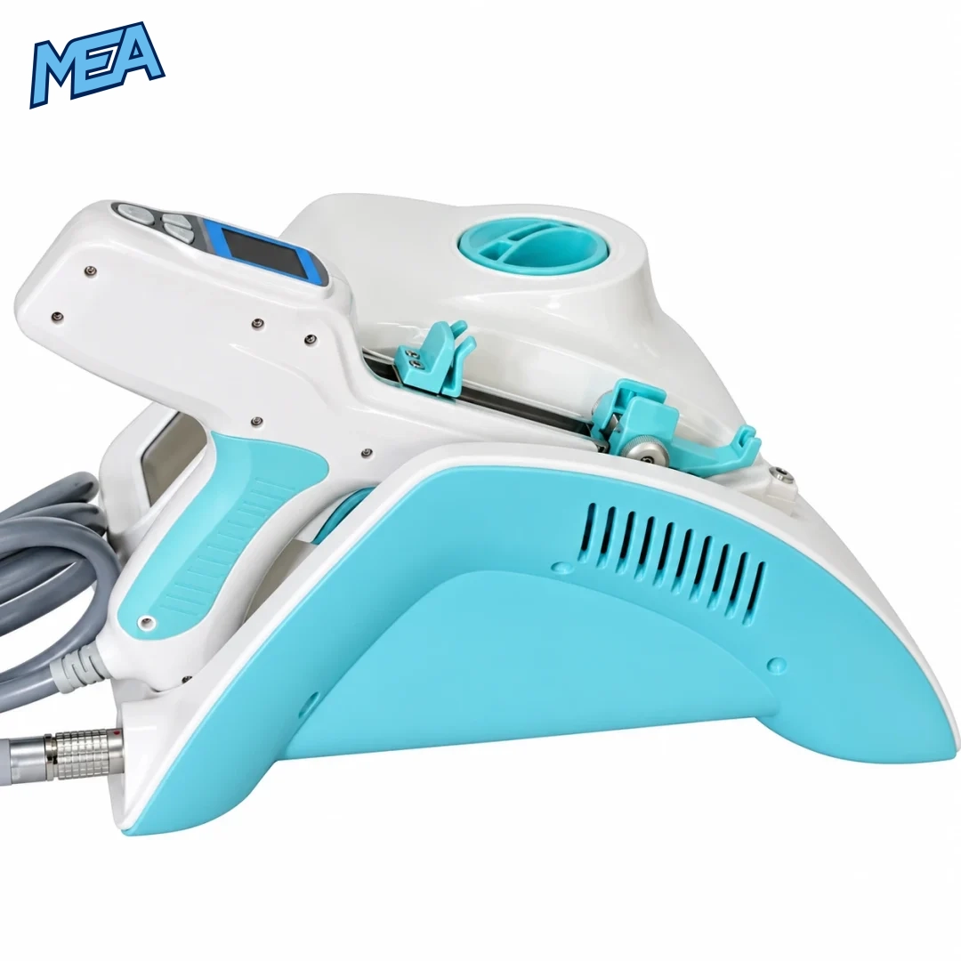 Mesotherapy machine side view with docked injector gun