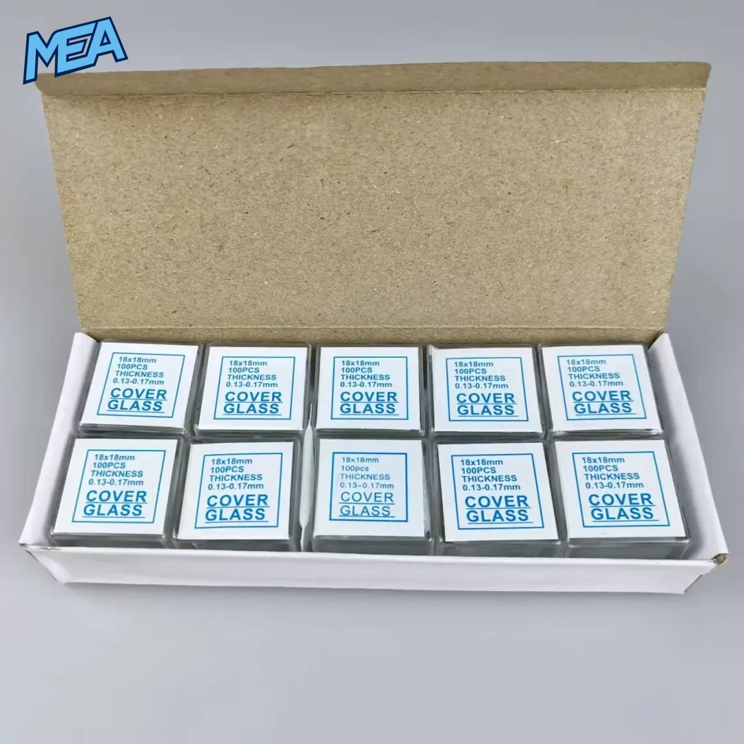 Open shipping box showing ten 100-piece boxes of microscope cover glass slides making up the full 1000-piece pack