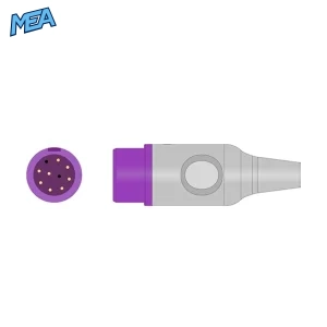 Round keyed purple monitor connector of the Mindray Masimo SET Adult Ear Clip SpO2 Sensor, front and side view