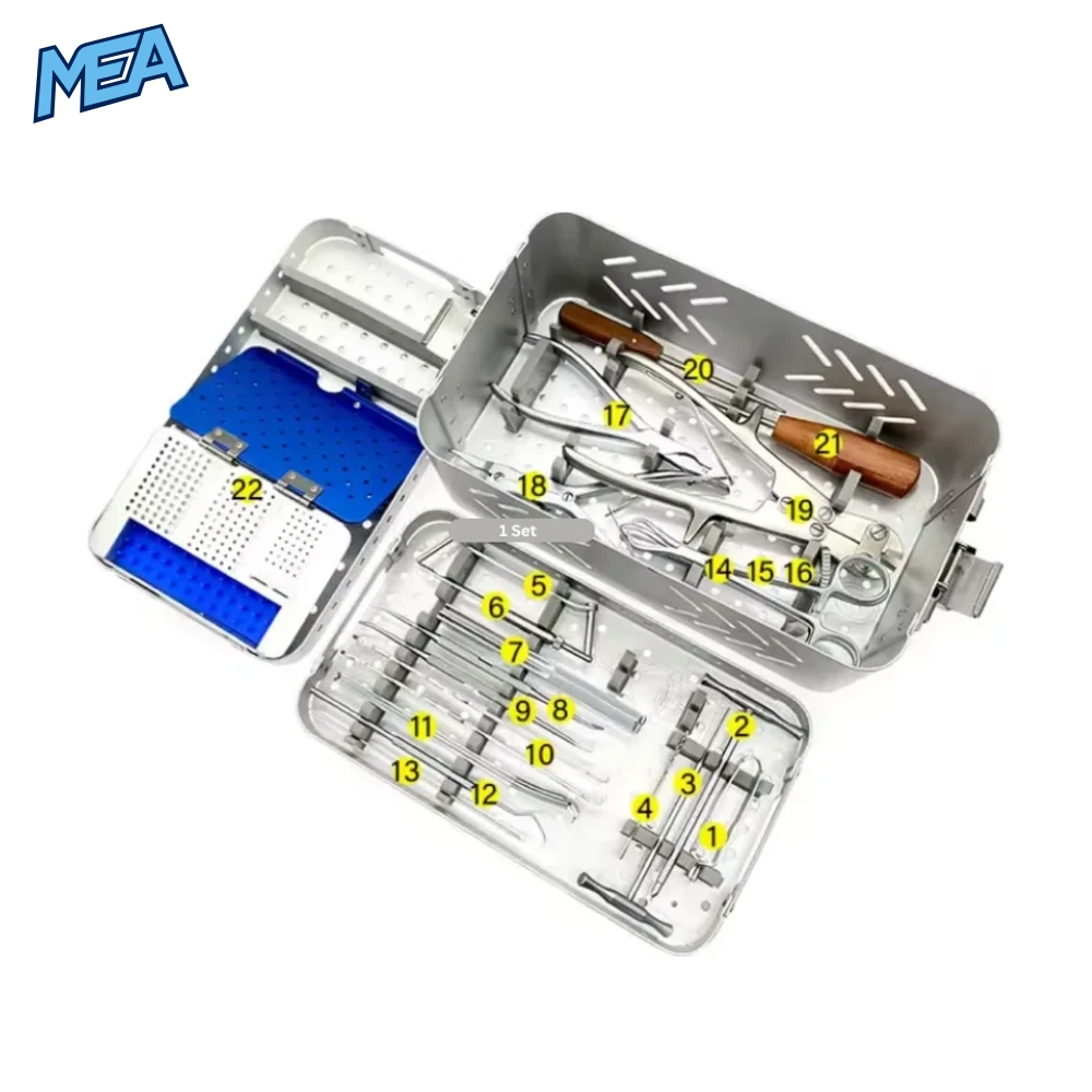 Orthopedic Mini Fragment Instrument Kit Small Bone Surgical Instruments Set Plate Instrument 1 : Mini Fragment Instrument Kit orthopedic surgical set with numbered 22-piece layout in sterilization tray