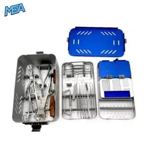 Orthopedic mini fragment kit sterilization case with three organized instrument trays and screw box