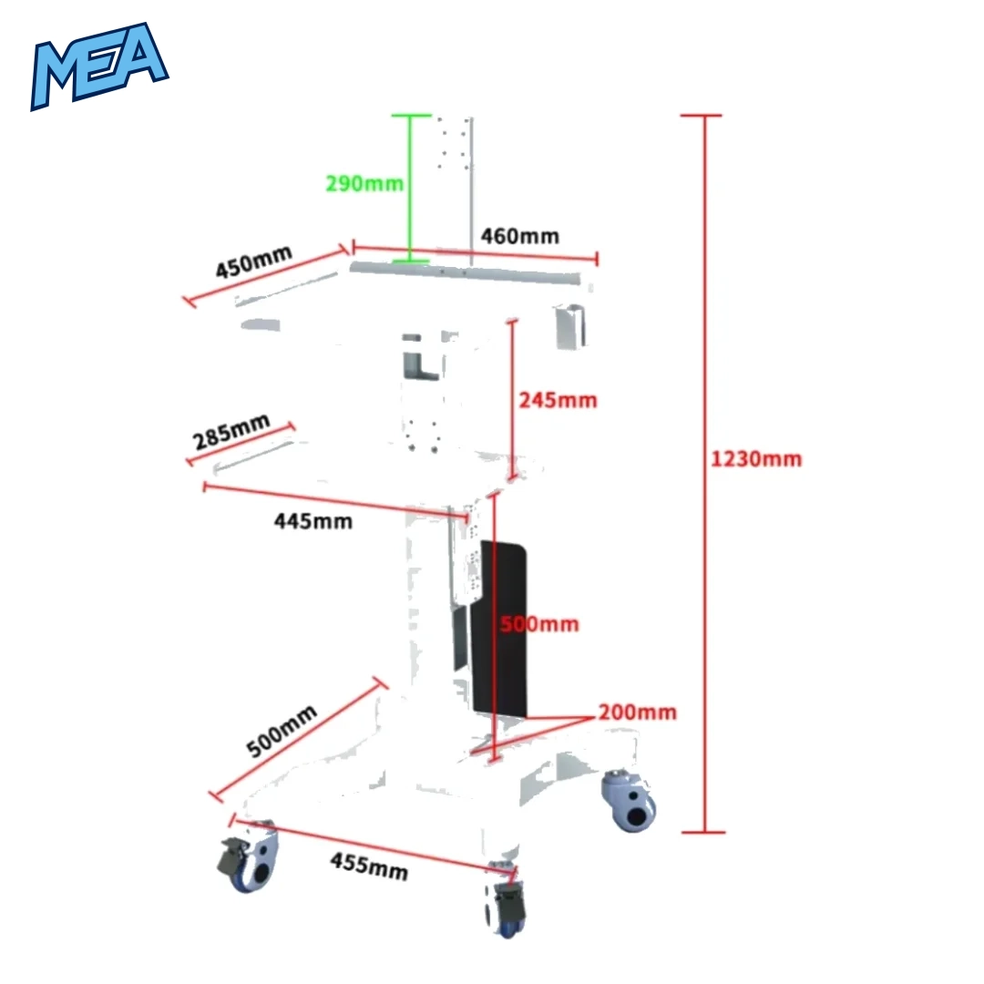 Mobile dental scanner cart workstation with monitor stand, laptop shelf and lockable wheels for intraoral scanning systems