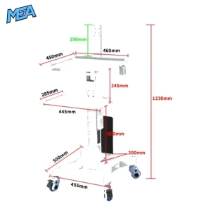 Mobile dental scanner cart workstation with monitor stand, laptop shelf and lockable wheels for intraoral scanning systems