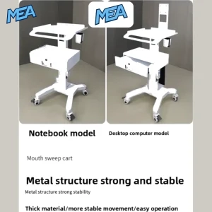 Mobile dental workstation trolley with power strip, scanner holder and lockable caster wheels for hospital use