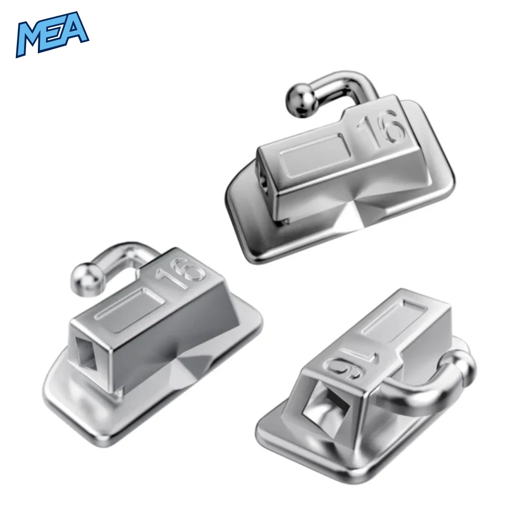 AZDENT Orthodontic Buccal Tubes 1st/2nd Molar Bondable Monoblock Non Convertible Roth/MBT 0.022/0.018 (20 or 50 Sets) 4 Monoblock orthodontic buccal tube close-up showing engraved FDI tooth number