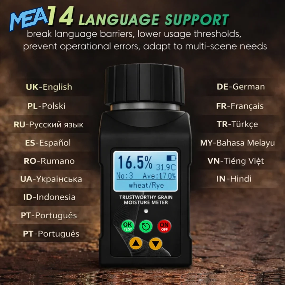 Multilingual voice broadcast grain moisture meter language options