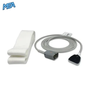 Nihon Kohden reusable forehead SpO2 probe showing sensor head, cable and headband