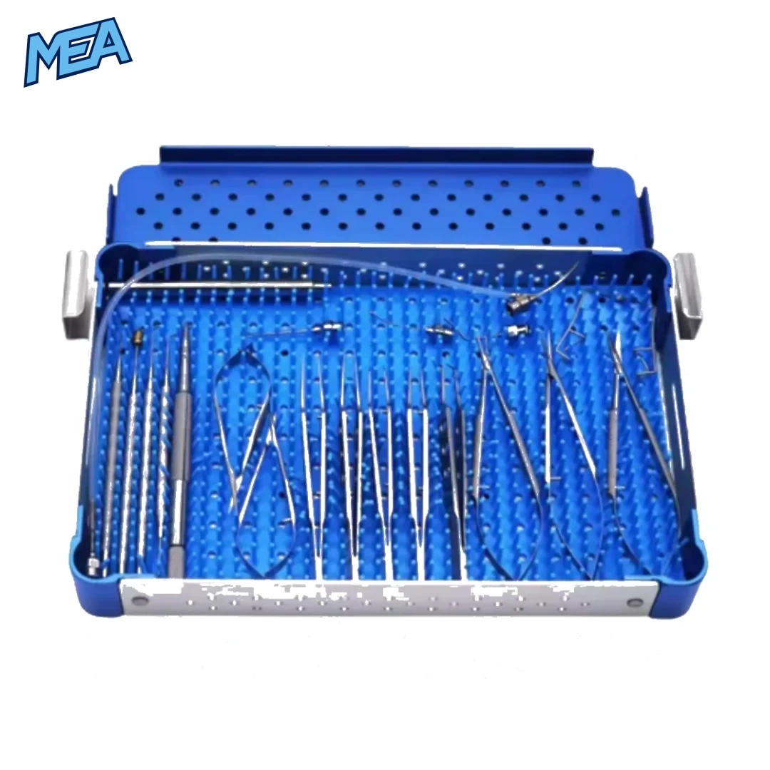 Steel metal storage box for ophthalmic cataract surgical instrument set, durable case for 21-piece eye microsurgery tools