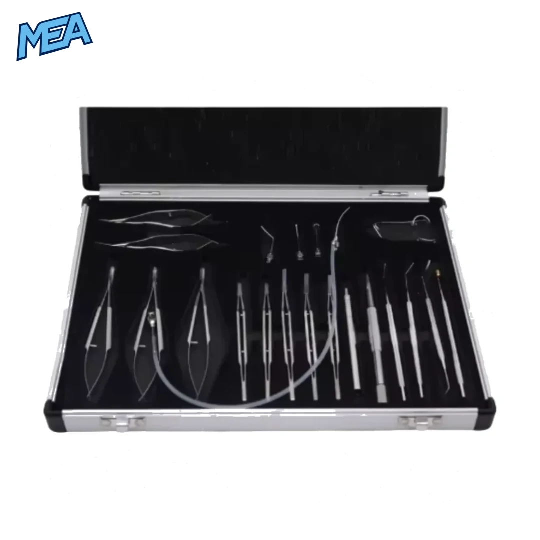 Steel plastic storage box for ophthalmic cataract surgical instrument set, durable and compact case for 21-piece microsurgery tools