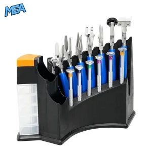 Optician tool set with eyeglass pliers and screwdrivers organised in desktop stand