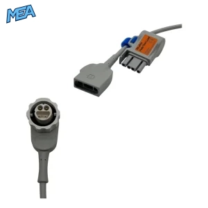 Close-up of original Mindray MR6701/MR6702 pads cable connectors — 3-pin pads plug, 50 ohm test load module, and circular defibrillator port connector