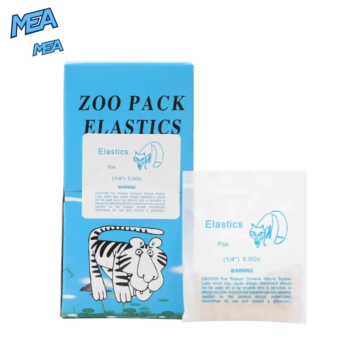 Orthodontic elastics 5.0 oz Fox 1/4 inch medium force zoo pack box