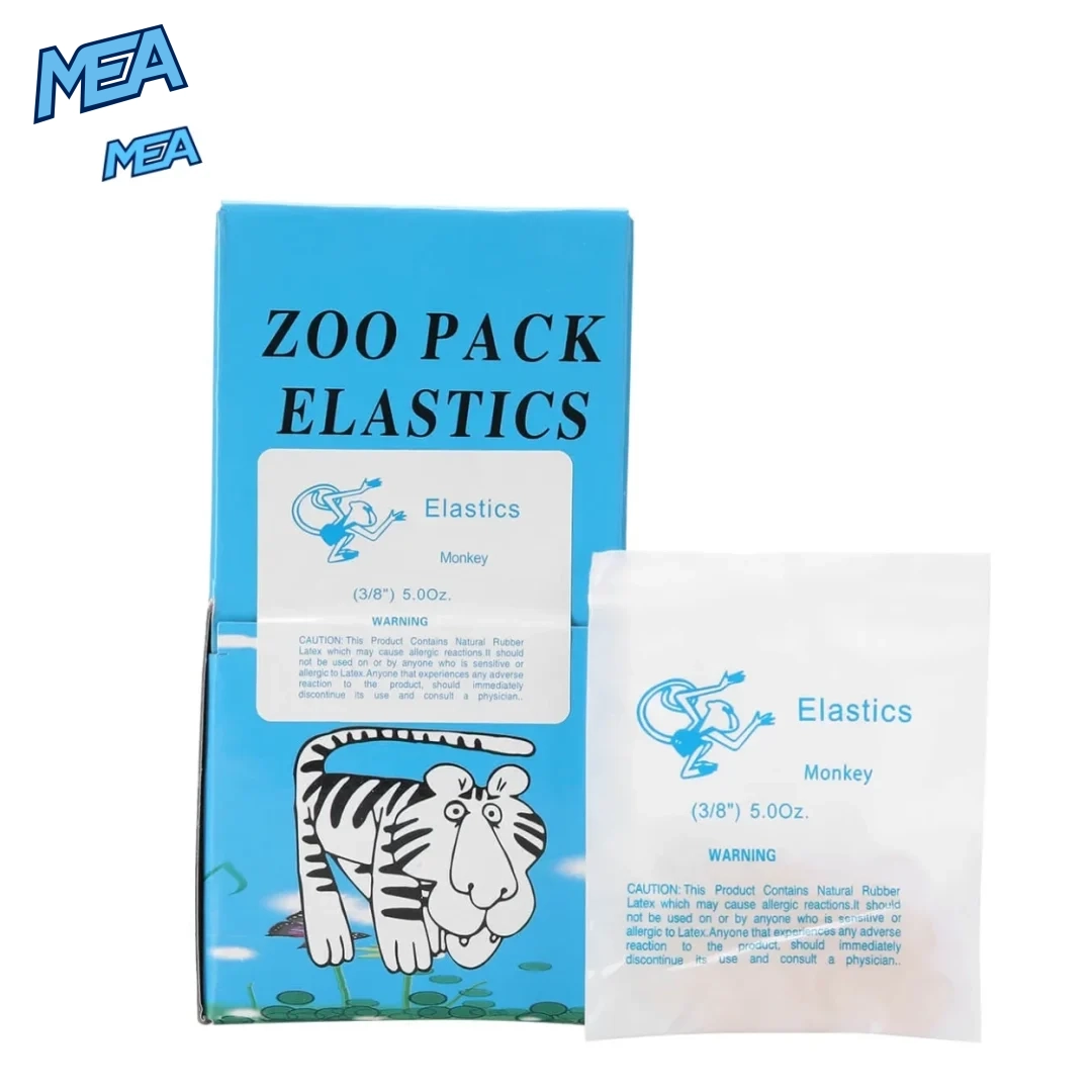 Orthodontic elastics 5.0 oz Monkey 3/8 inch medium force zoo pack box