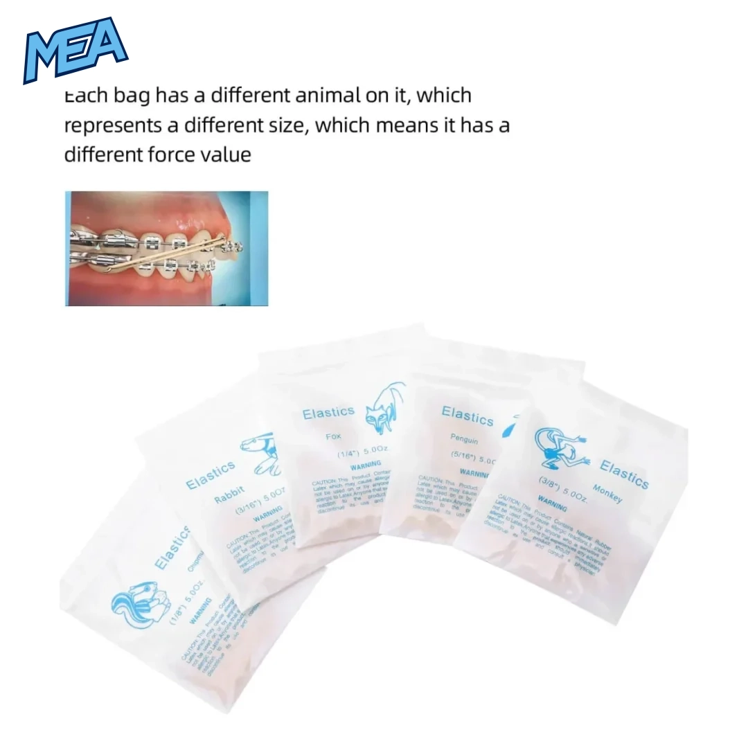 Orthodontic elastics in animal-coded bags, each animal a different size