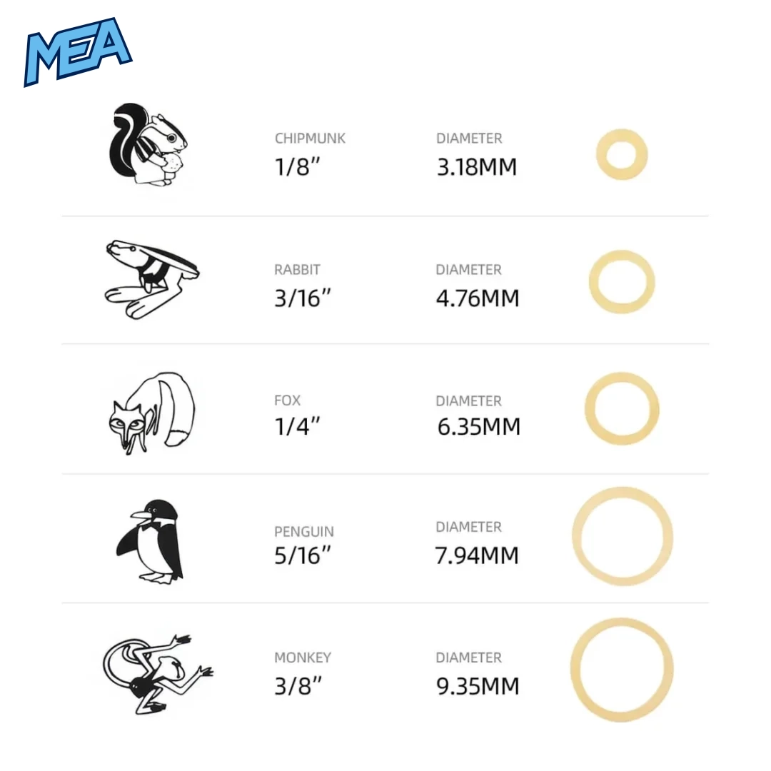 Orthodontic elastics size chart Chipmunk 1/8 inch to Monkey 3/8 inch
