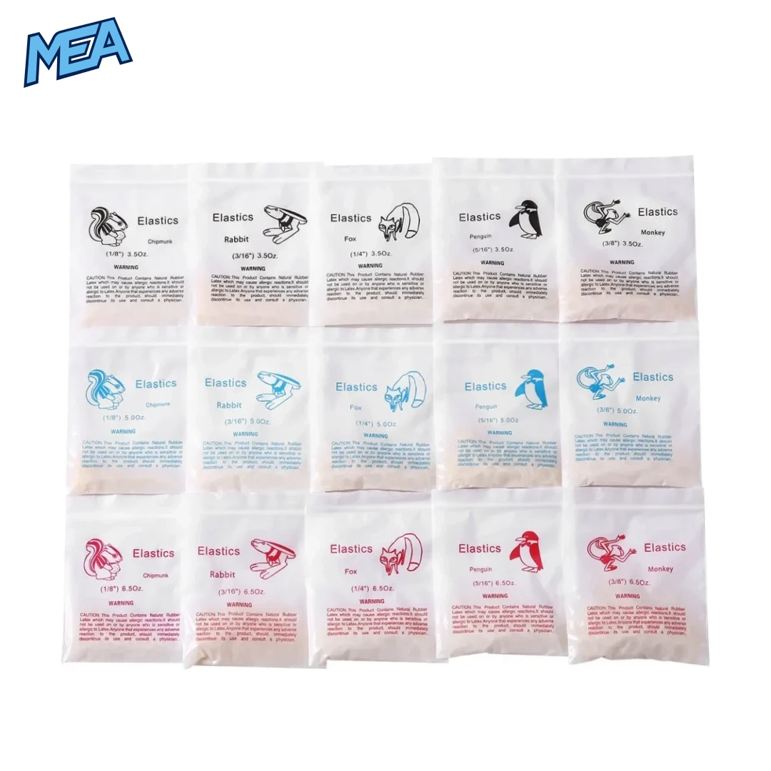 Orthodontic rubber bands in sealed bags in 3.5 oz, 5.0 oz and 6.5 oz forces