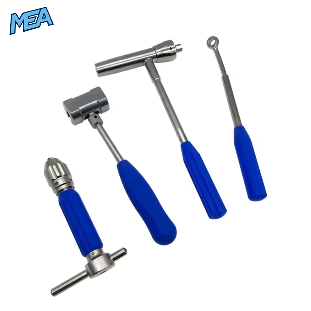 Orthopedic Elastic Nail Instruments Elastic Stable Intramedullary Nailing Veterinary instruments Kit 4 Orthopedic surgical hammer, T-handle drill chuck, hammer guider, and nail bender with blue silicone grips