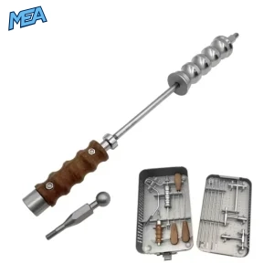 Stainless steel hit pull instrument with wooden handle for veterinary orthopedic intramedullary nail extraction, shown with full surgical instrument tray set