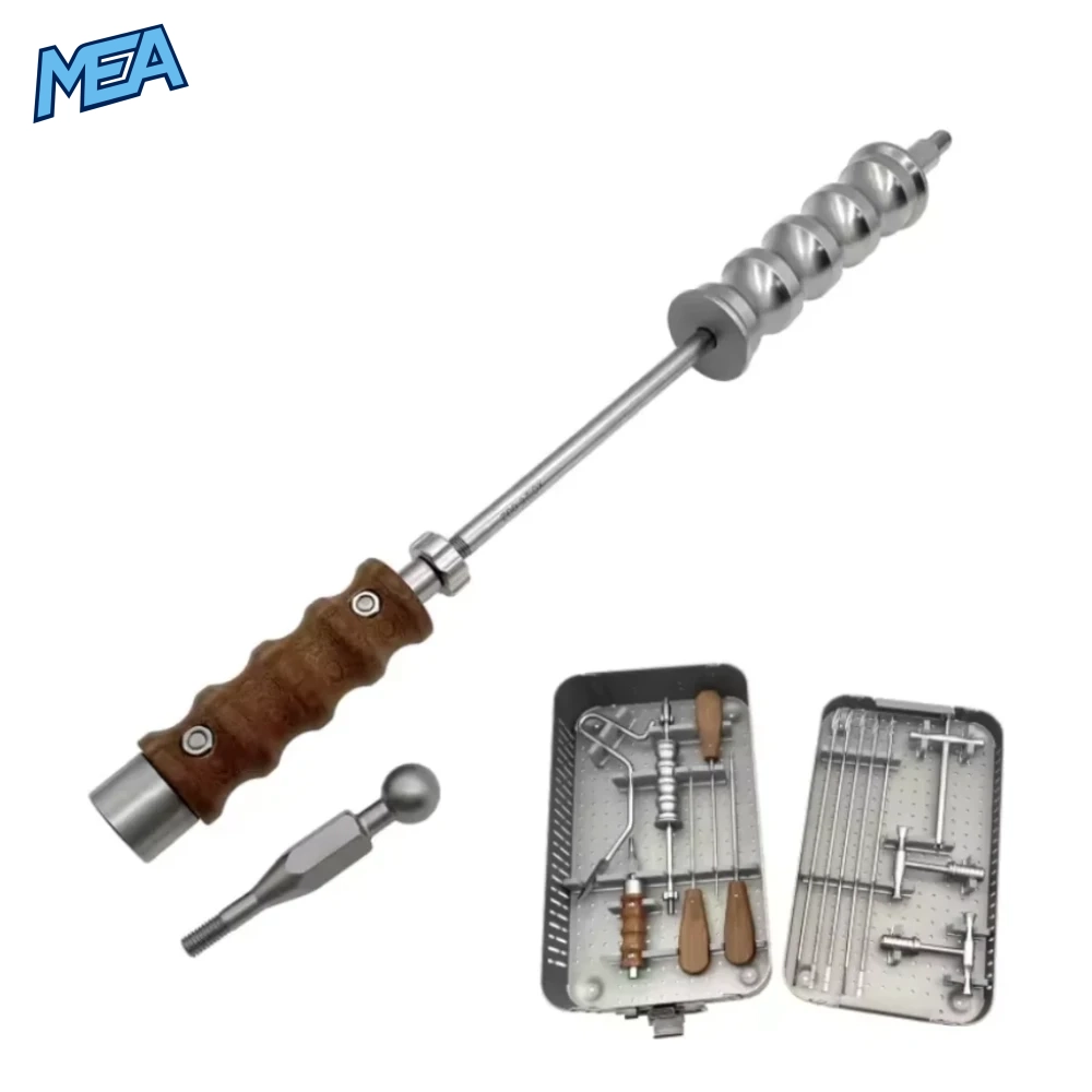 Orthopedic Self Locking Intramedullary Nail Kit With Hexagonal Wrench For Bone Fracture Fixation Surgical Tools 1 Stainless steel hit pull instrument with wooden handle for veterinary orthopedic intramedullary nail extraction, shown with full surgical instrument tray set