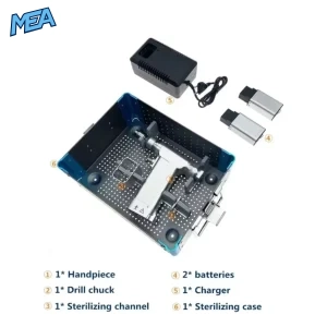 Orthopedic micro bone drill kit in autoclavable sterilizing case with handpiece, drill chuck, batteries, and charger
