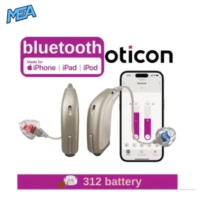 Oticon Jet MiniRITE hearing aid pair with 312 battery, Bluetooth streaming to iPhone via Oticon app