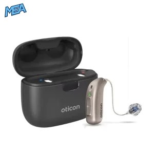 Oticon Jet PX2 miniRITE rechargeable hearing aid, left ear, with charging case
