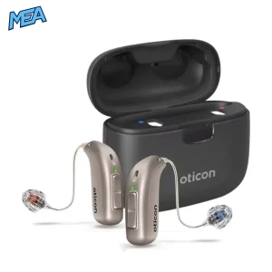 Oticon Jet PX2 miniRITE rechargeable hearing aids pair with charging case