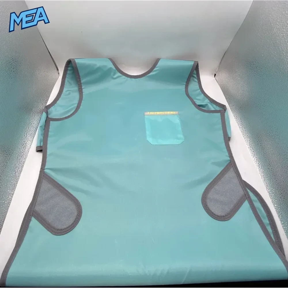 PA07 Dental Lead Vest 0.5mm Pb X-Ray Protective Apron Light Blue Sleeveless Front Protection (S M L XL) 4 Light blue PA07 dental lead vest 0.5mm Pb laid flat with front pocket and side waist wings