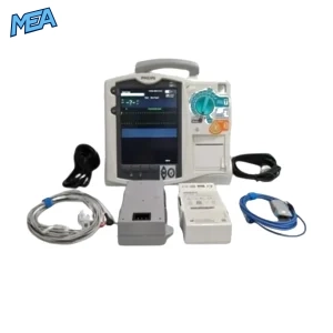Philips HeartStart MRx Defibrillator with accessories including ECG cable, battery, and thermal printer