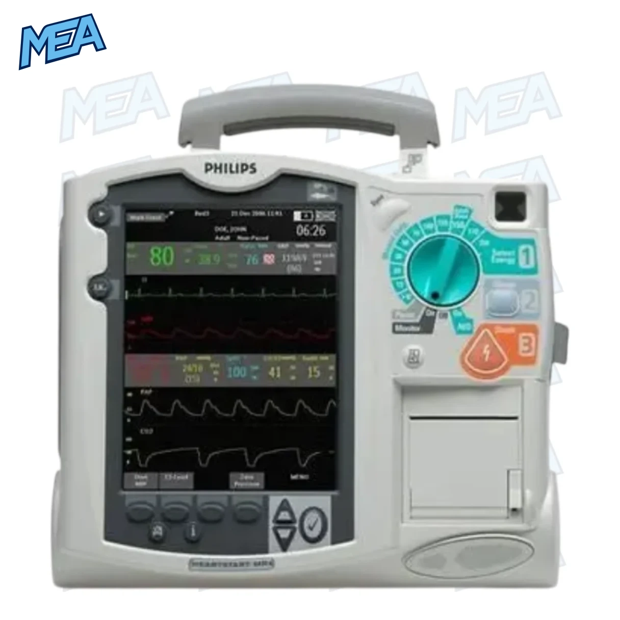 Philips Heartstart MRx Defibrillator With Pacer, Module, ECG & Printing Options 1 Philips HeartStart MRx Defibrillator front view showing display, controls, and ECG/pacer functions