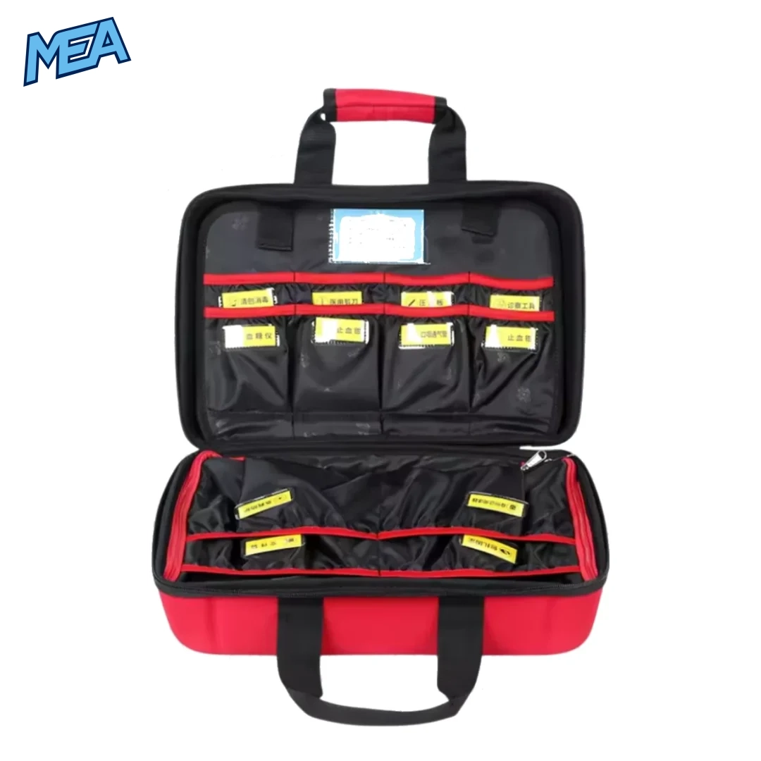 Interior view of portable AED bag with organized compartments for medical supplies and emergency equipment