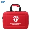 Portable AED storage bag with defibrillator inside, red and black first aid emergency kit for travel and outdoor use