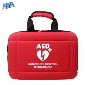 Portable AED storage bag with defibrillator inside, red and black first aid emergency kit for travel and outdoor use