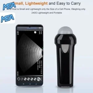 Lightweight 240g handheld veterinary ultrasound probe next to smartphone showing live B-mode scan image