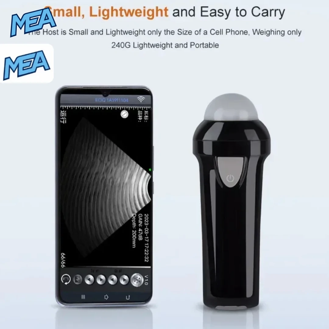 Portable Veterinary Ultrasound Scanner 5.0MHz Wireless Probe Pigs, Dogs & Sheep Pregnancy Detector 2 Lightweight 240g handheld veterinary ultrasound probe next to smartphone showing live B-mode scan image