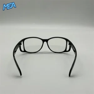 Side angle of radiation protective lead glasses with black frame and temple arms